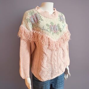Vintage Nuggets Hand Knit Floral Fringe Sweater Pink Cottagecore Size L